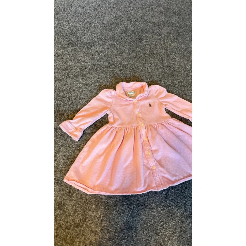 Ralph Lauren Baby Girls Pink Cotton Pique Polo Button Front Dress 9M Long Sleeve